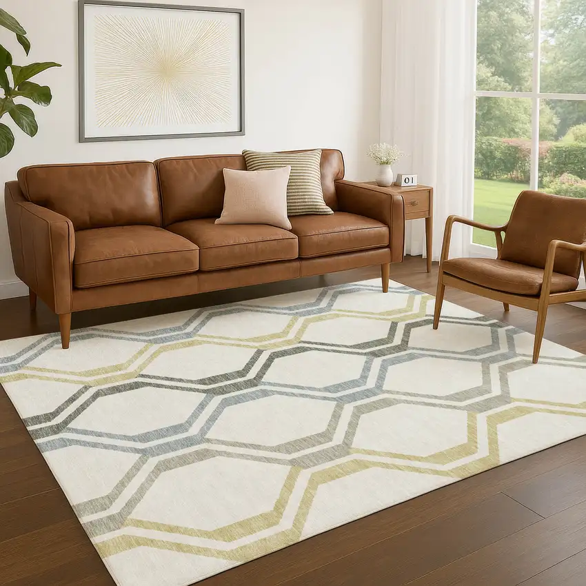 Ivory Gray And Wheat Geometric Washable Indoor Outdoor Area Rug Photo 9