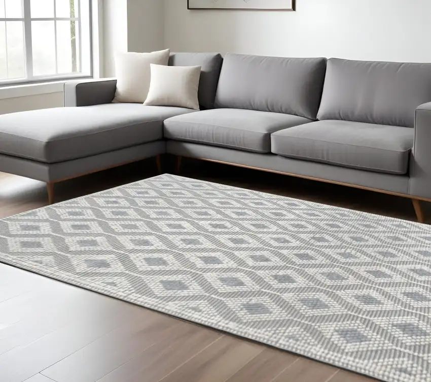 Gray and Ivory Geometric Handmade Area Rug Photo 2
