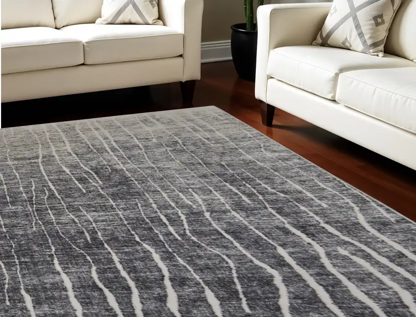 Ivory Gray and Black Abstract Power Loom Area Rug Photo 1