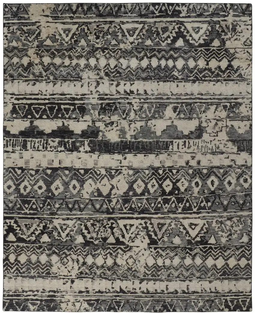Ivory Gray and Black Wool Geometric Hand Knotted Area Rug Photo 2