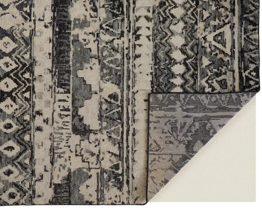Ivory Gray and Black Wool Geometric Hand Knotted Area Rug Photo 8