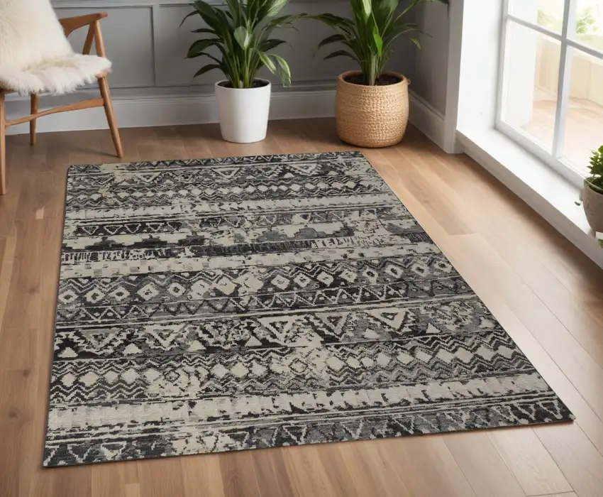 Ivory Gray and Black Wool Geometric Hand Knotted Area Rug Photo 1
