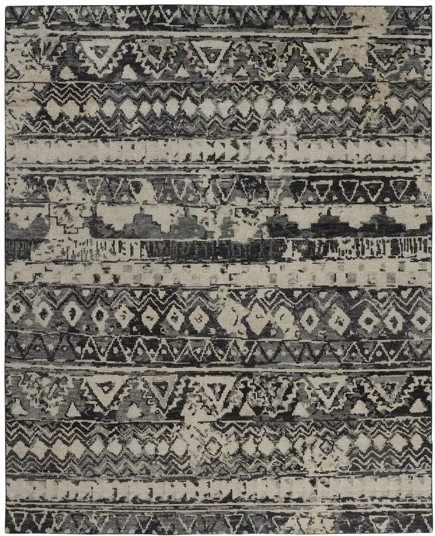 Ivory Gray and Black Wool Geometric Hand Knotted Area Rug Photo 5