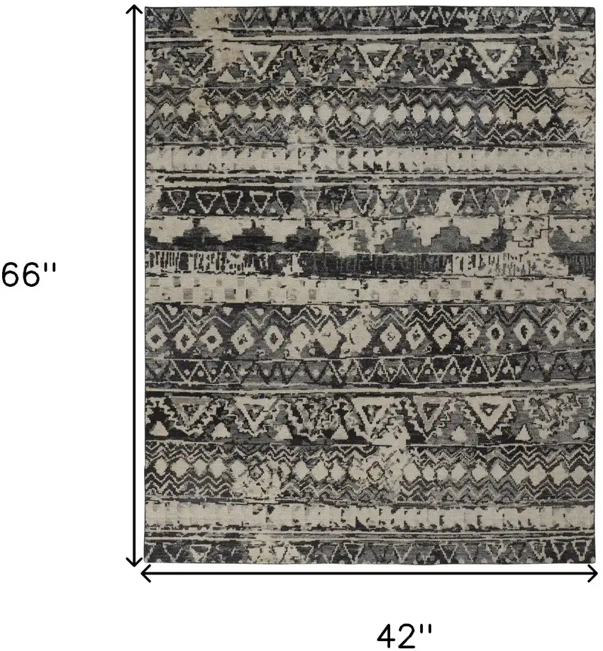 Ivory Gray and Black Wool Geometric Hand Knotted Area Rug Photo 3