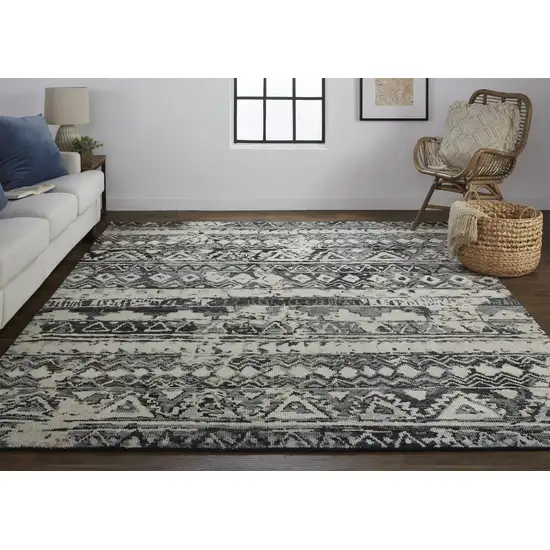Ivory Gray and Black Wool Geometric Hand Knotted Area Rug Photo 9