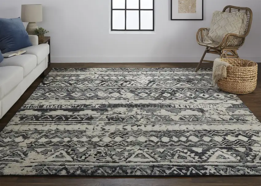 Ivory Gray and Black Wool Geometric Hand Knotted Area Rug Photo 9