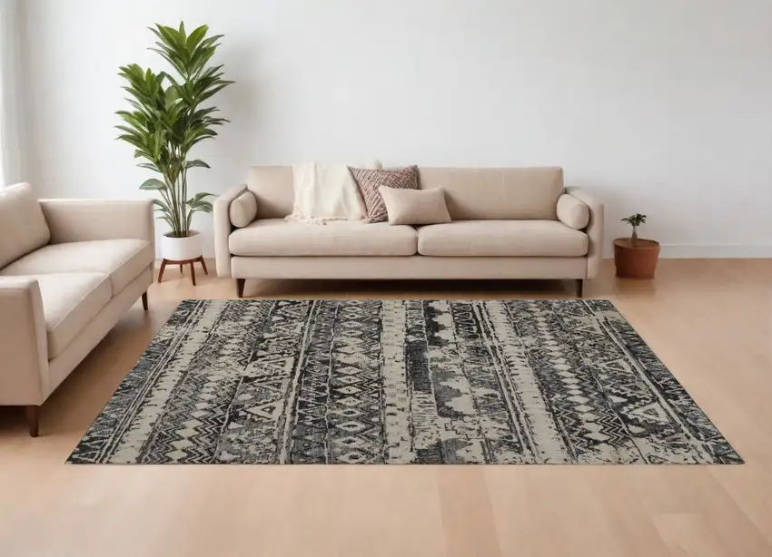Ivory Gray and Black Wool Geometric Hand Knotted Area Rug Photo 1