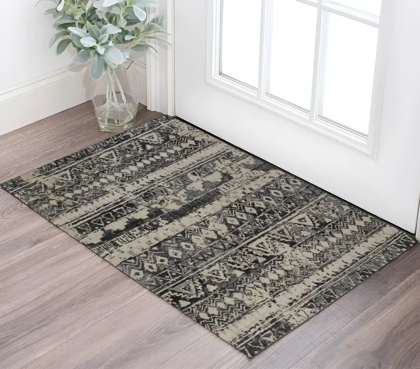 Ivory Gray and Black Wool Geometric Hand Knotted Area Rug Photo 1