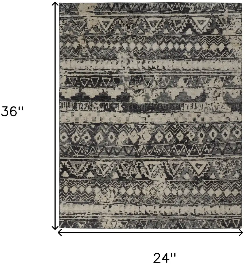 Ivory Gray and Black Wool Geometric Hand Knotted Area Rug Photo 3