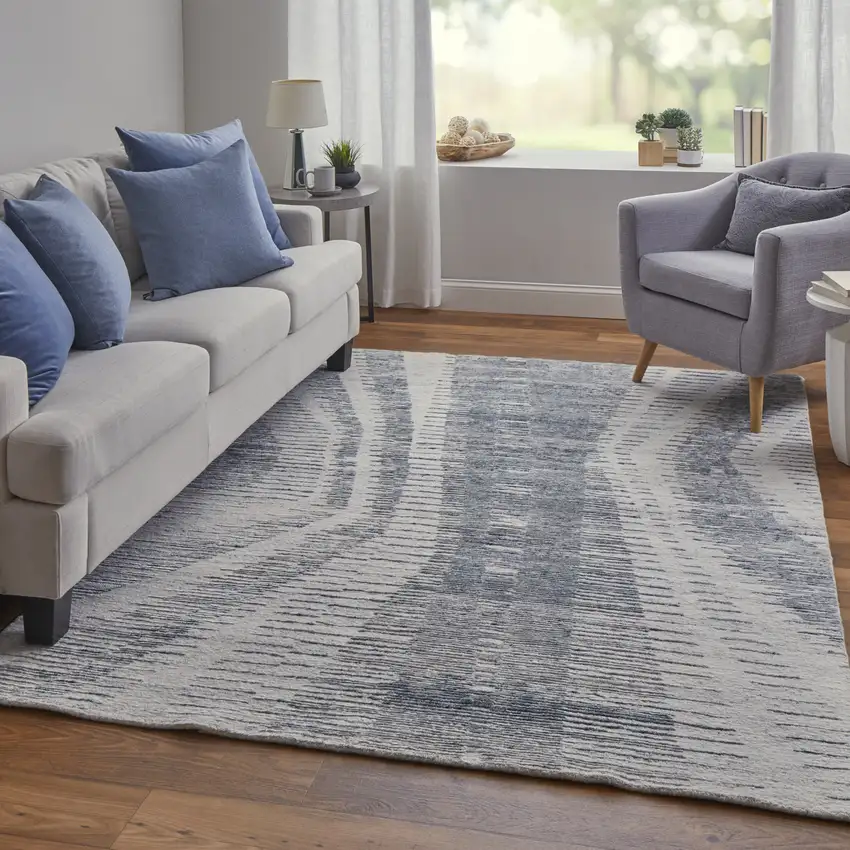 Ivory Gray and Blue Abstract Hand Knotted Worn Faded Area Rug Photo 9
