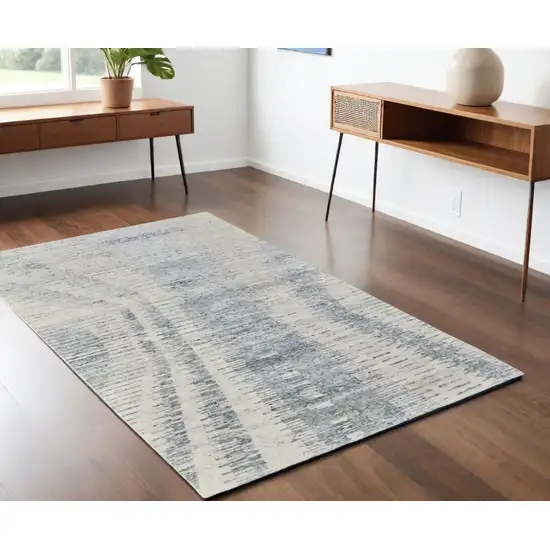 Ivory Gray and Blue Abstract Hand Knotted Worn Faded Area Rug Photo 1