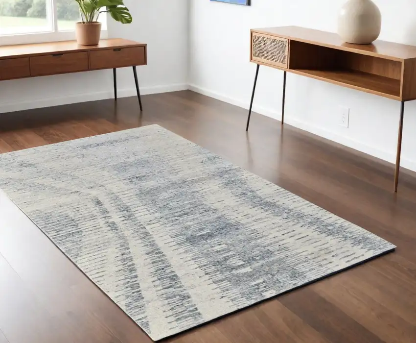 Ivory Gray and Blue Abstract Hand Knotted Worn Faded Area Rug Photo 1