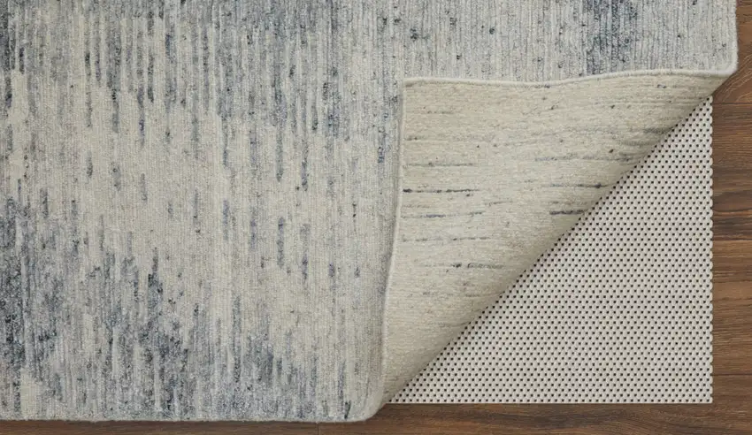 Ivory Gray and Blue Abstract Hand Knotted Worn Faded Area Rug Photo 5