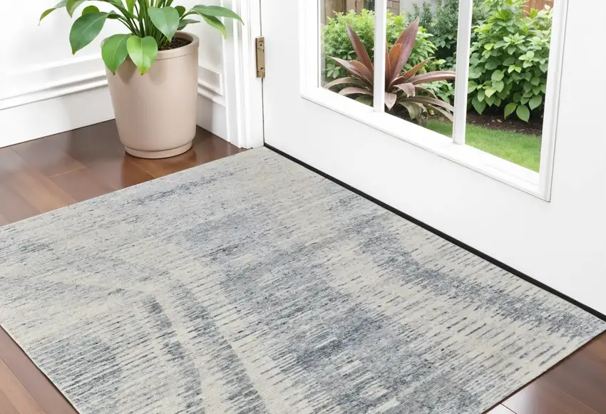 Ivory Gray and Blue Abstract Hand Knotted Worn Faded Area Rug Photo 1
