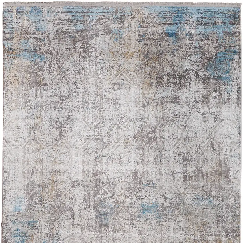 Ivory Gray and Blue Abstract Power Loom Area Rug With Fringe Photo 5