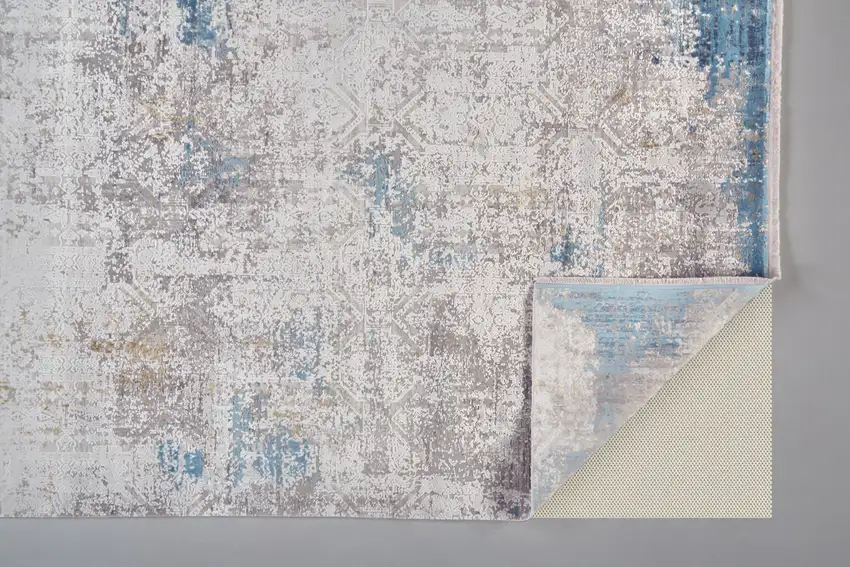 Ivory Gray and Blue Abstract Power Loom Area Rug With Fringe Photo 4