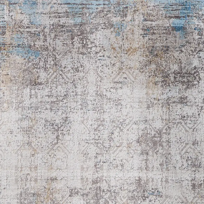 Ivory Gray and Blue Abstract Power Loom Area Rug With Fringe Photo 6