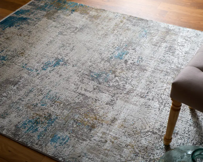 Ivory Gray and Blue Abstract Power Loom Area Rug With Fringe Photo 7