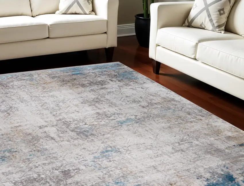 Ivory Gray and Blue Abstract Power Loom Area Rug With Fringe Photo 1