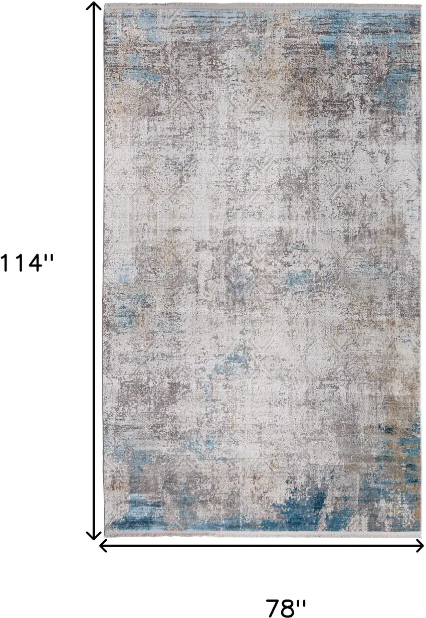 Ivory Gray and Blue Abstract Power Loom Area Rug With Fringe Photo 3