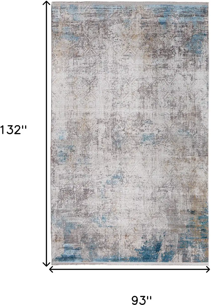 Ivory Gray and Blue Abstract Power Loom Area Rug With Fringe Photo 3