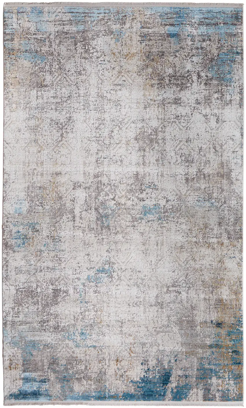 Ivory Gray and Blue Abstract Power Loom Area Rug With Fringe Photo 5