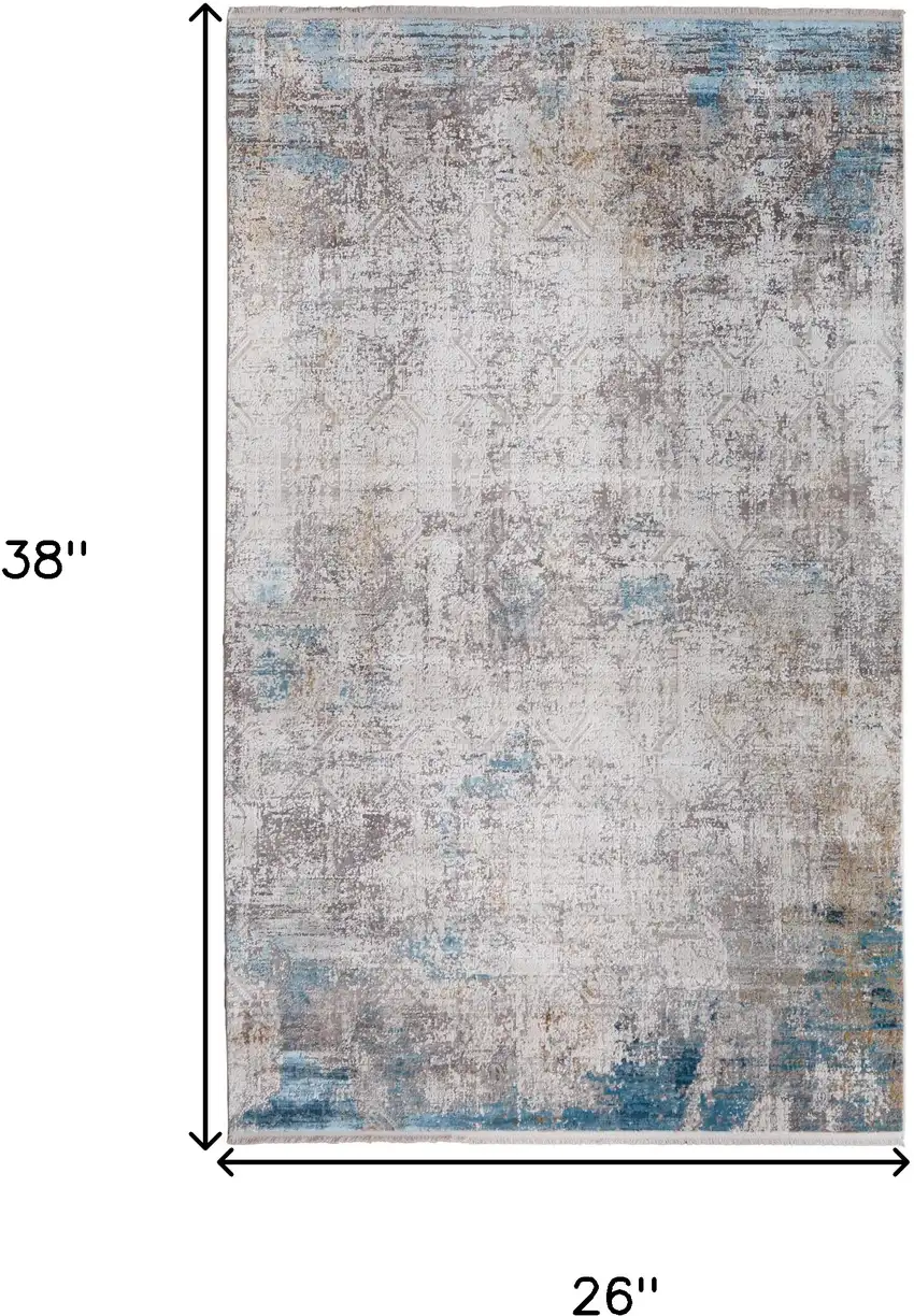 Ivory Gray and Blue Abstract Power Loom Area Rug With Fringe Photo 2