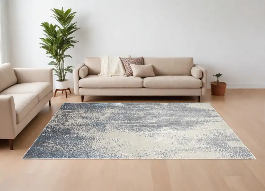 Ivory Gray and Blue Abstract Power Loom Area Rug Photo 1