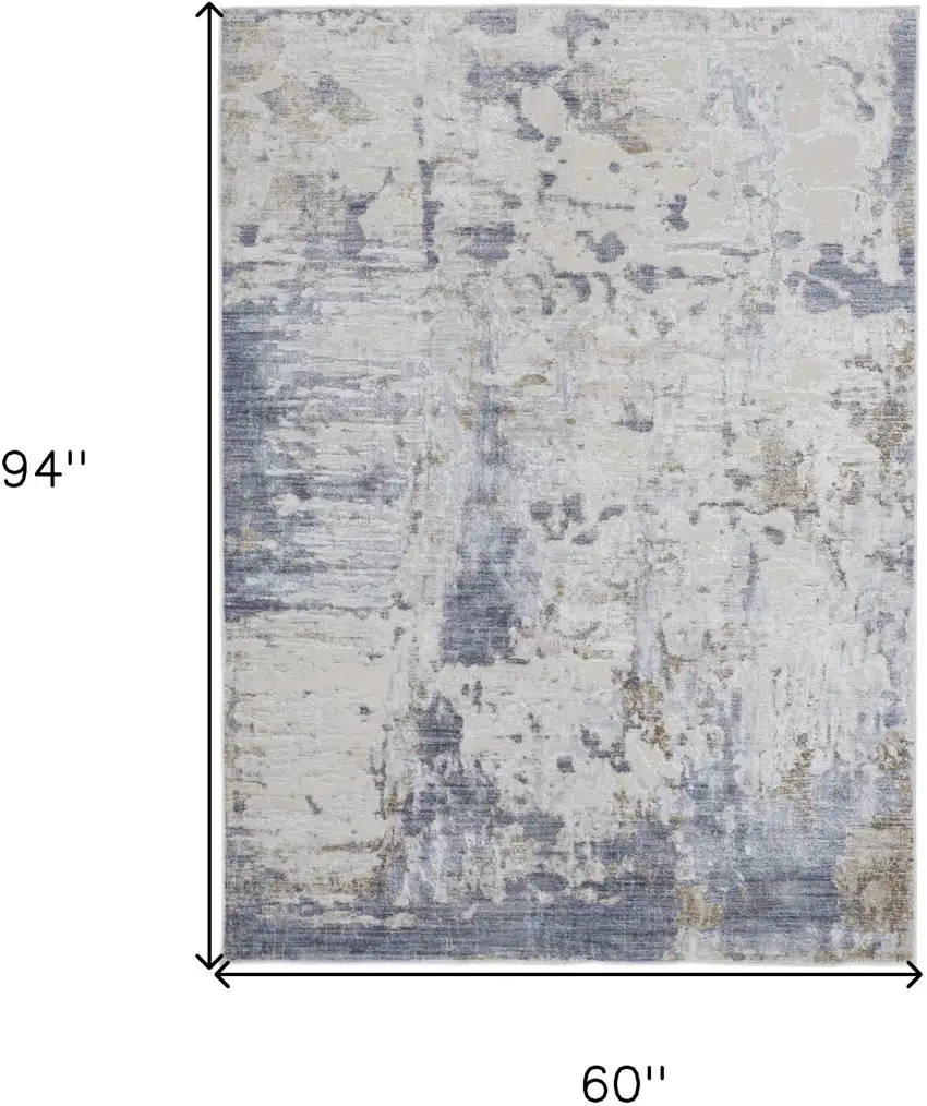 Ivory Gray and Blue Abstract Power Loom Worn Faded Area Rug Photo 3