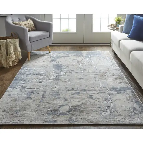Ivory Gray and Blue Abstract Power Loom Worn Faded Area Rug Photo 9
