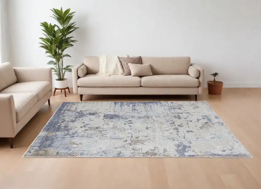 Ivory Gray and Blue Abstract Power Loom Worn Faded Area Rug Photo 1