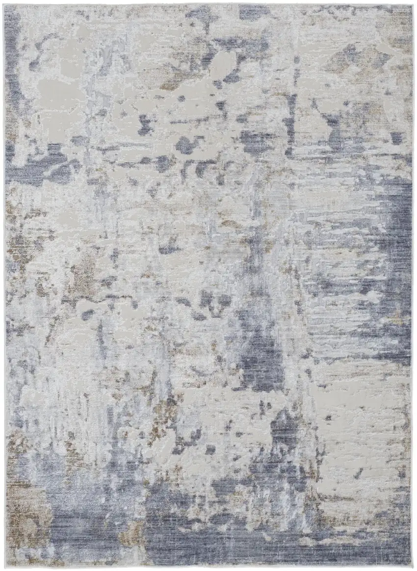 Ivory Gray and Blue Abstract Power Loom Worn Faded Area Rug Photo 5