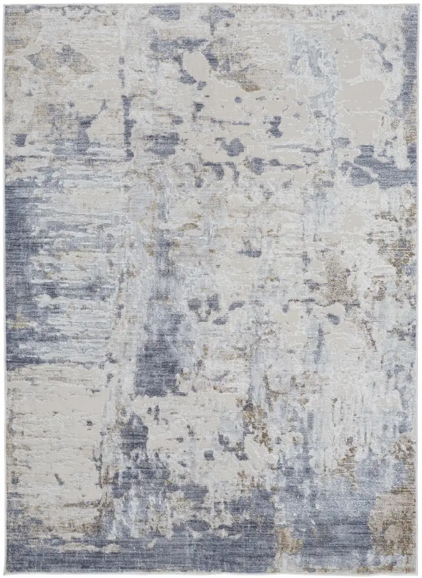 Ivory Gray and Blue Abstract Power Loom Worn Faded Area Rug Photo 2