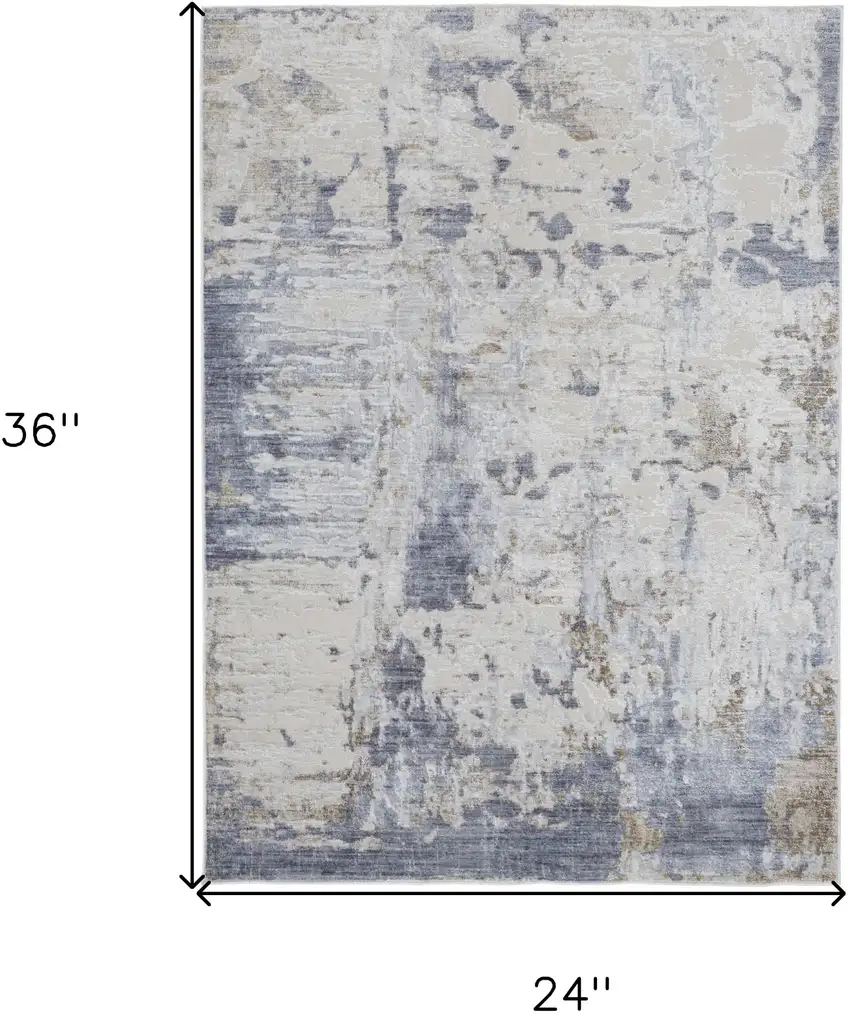 Ivory Gray and Blue Abstract Power Loom Worn Faded Area Rug Photo 3