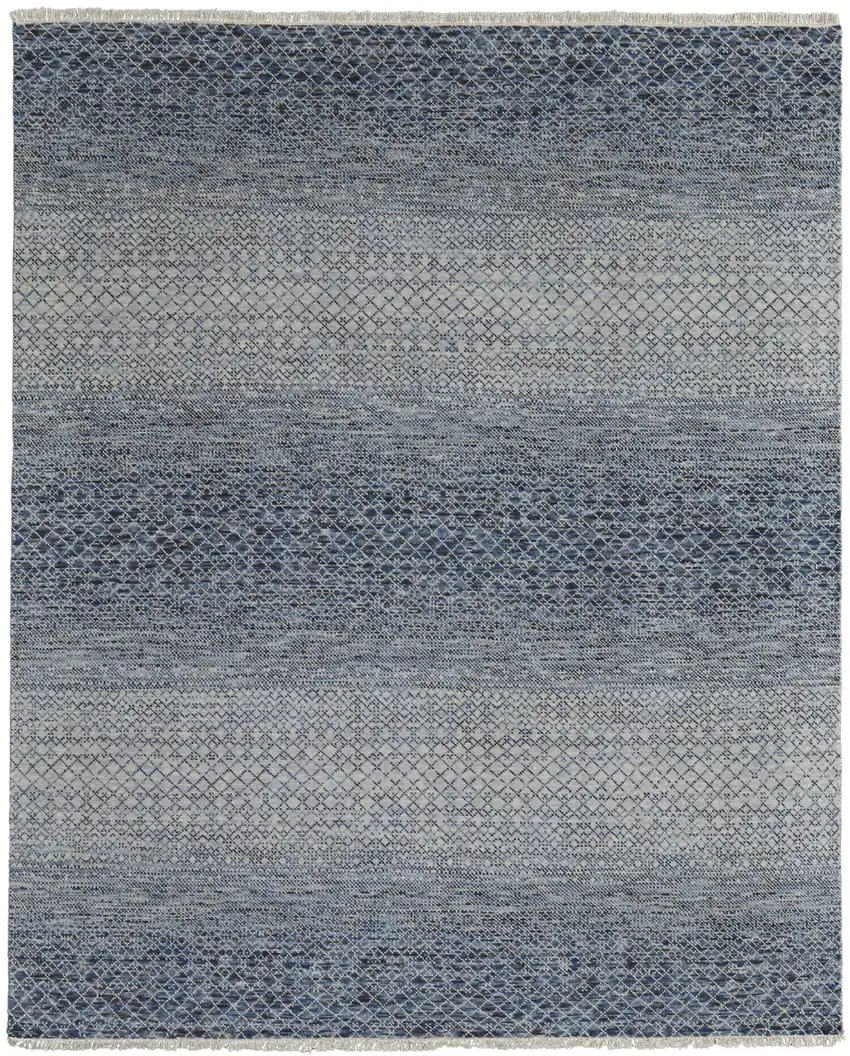 Ivory Gray and Blue Wool Hand Knotted Area Rug With Fringe Photo 5