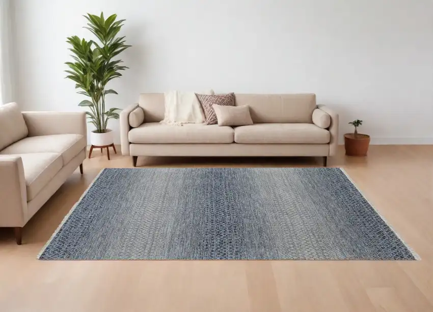 Ivory Gray and Blue Wool Hand Knotted Area Rug With Fringe Photo 1