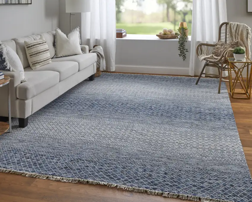 Ivory Gray and Blue Wool Hand Knotted Area Rug With Fringe Photo 5