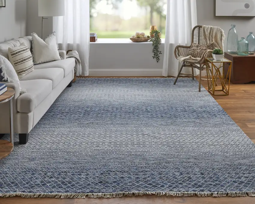 Ivory Gray and Blue Wool Hand Knotted Area Rug With Fringe Photo 6