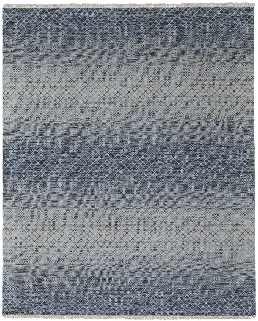 Ivory Gray and Blue Wool Hand Knotted Area Rug With Fringe Photo 2