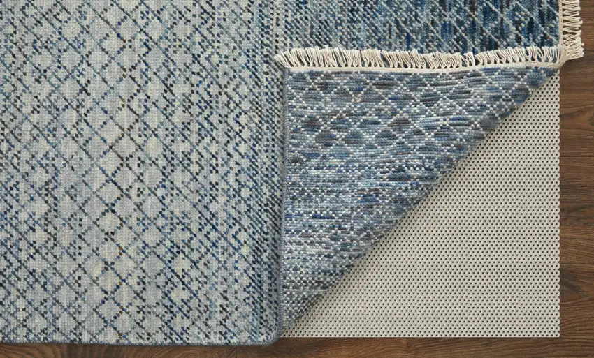Ivory Gray and Blue Wool Hand Knotted Area Rug With Fringe Photo 9