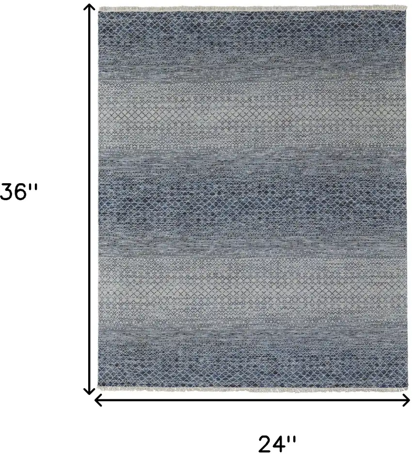 Ivory Gray and Blue Wool Hand Knotted Area Rug With Fringe Photo 3
