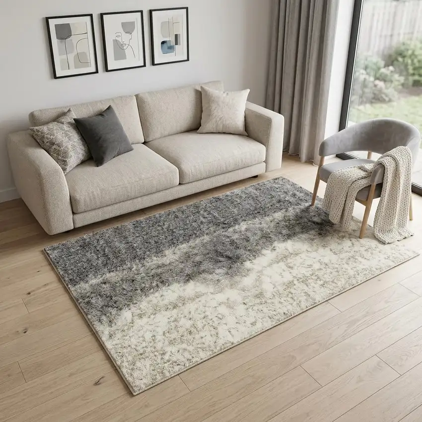Ivory Gray and Brown Abstract Non Skid Area Rug Photo 1