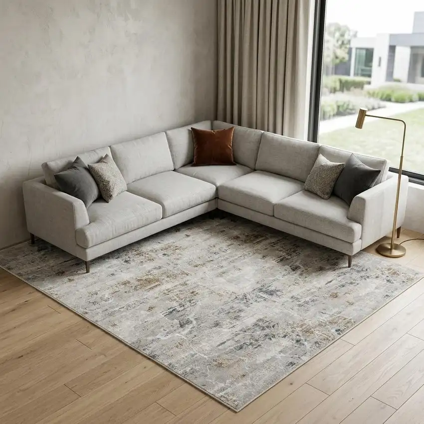 Ivory Gray and Brown Abstract Non Skid Area Rug Photo 1