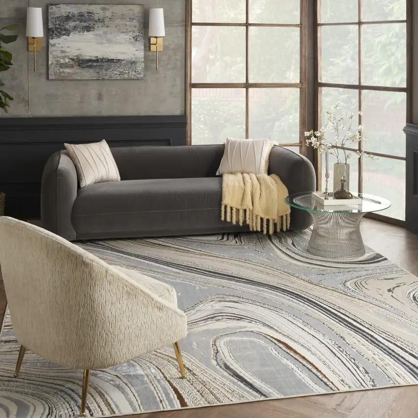 Ivory Gray and Brown Abstract Non Skid Area Rug Photo 3