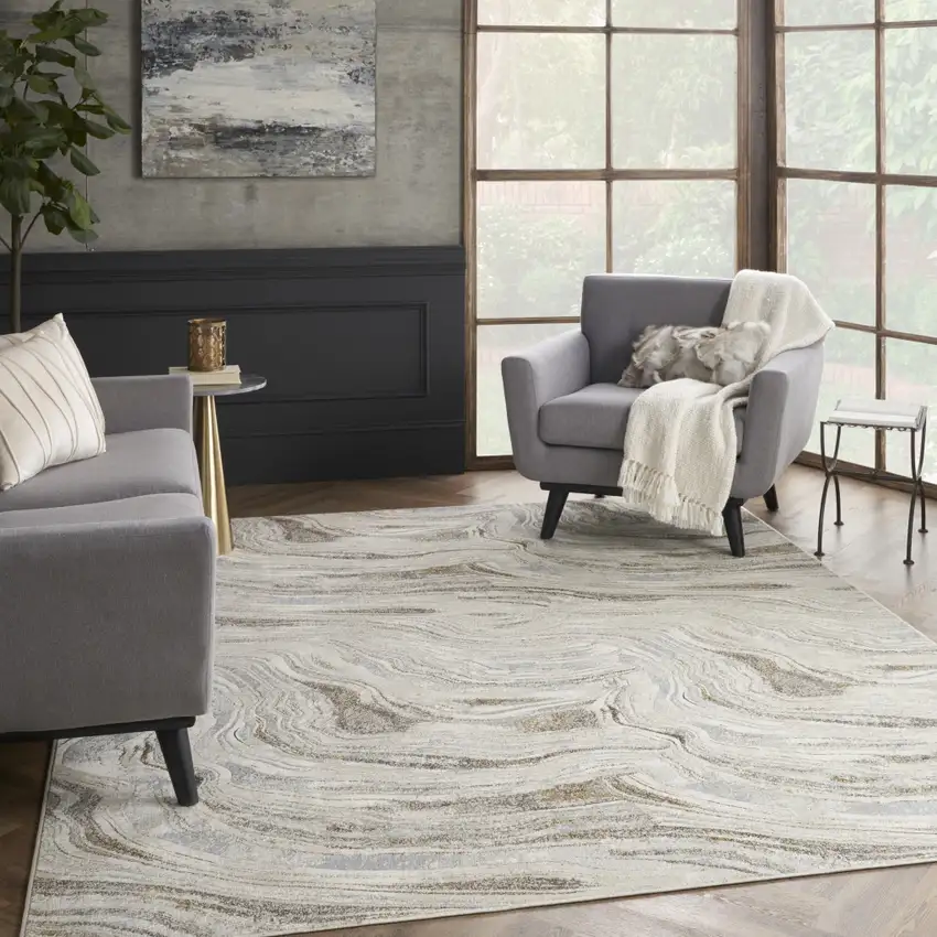Ivory Gray and Brown Abstract Non Skid Area Rug Photo 3