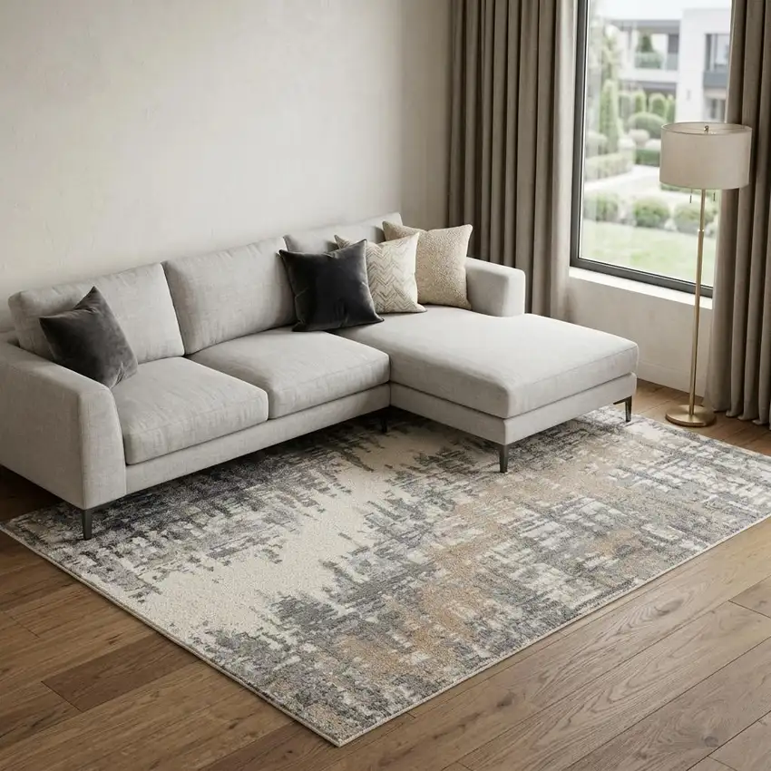 Ivory Gray and Brown Abstract Non Skid Area Rug Photo 1