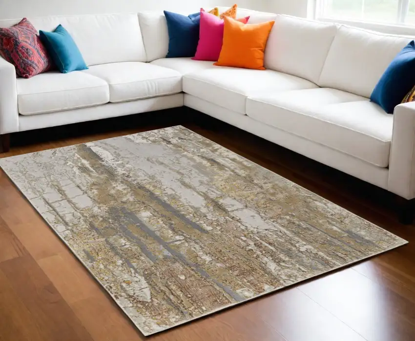Ivory Gray and Brown Abstract Power Loom Area Rug Photo 2