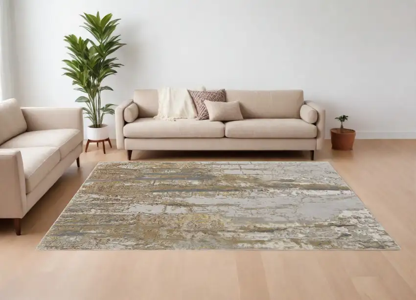 Ivory Gray and Brown Abstract Power Loom Area Rug Photo 2