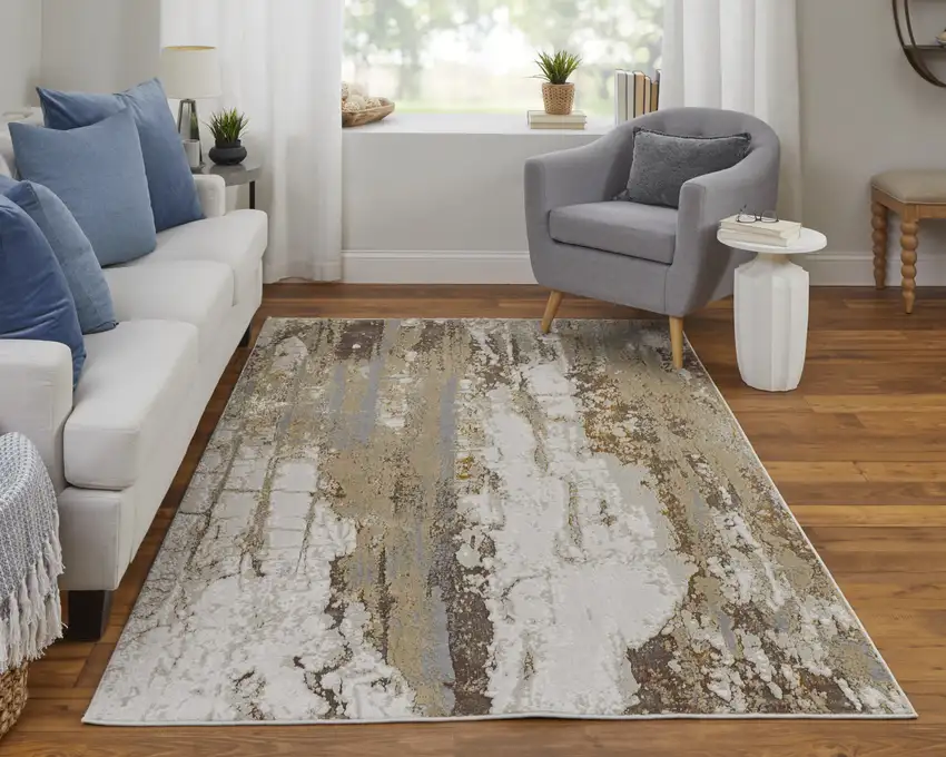 Ivory Gray and Brown Abstract Power Loom Area Rug Photo 8