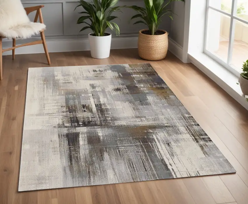 Ivory Gray and Brown Abstract Power Loom Area Rug Photo 1
